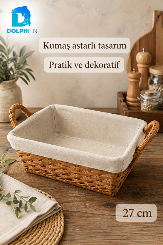27 cm Hasır Ekmek Sepeti Kumaş Astarlı Kulplu Dikdörtgen Sunum Sepeti