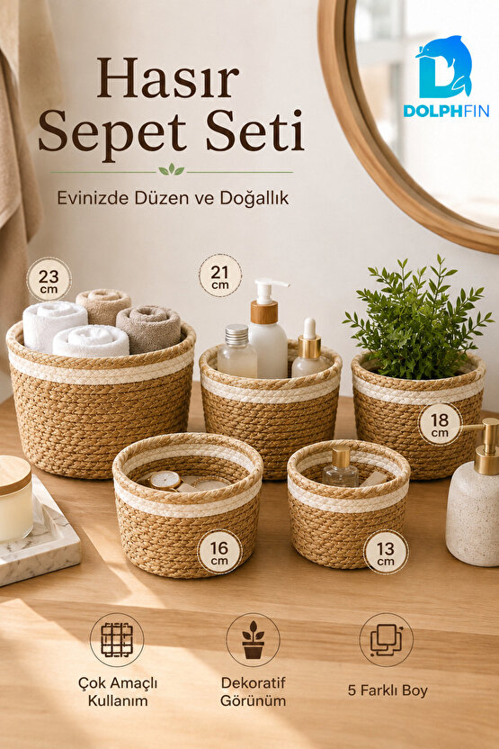 5’li Hasır Sepet Seti Çok Amaçlı Dekoratif Düzenleyici Organizer Saksı Kılıfı