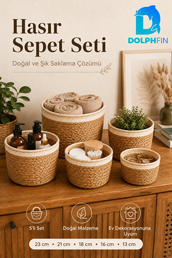 5’li Hasır Sepet Seti Çok Amaçlı Dekoratif Düzenleyici Organizer Saksı Kılıfı