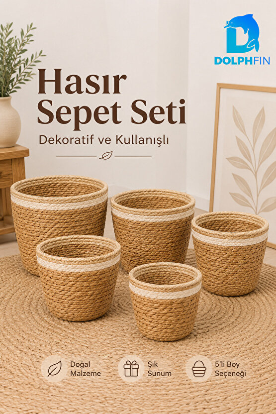 5’li Hasır Sepet Seti Çok Amaçlı Dekoratif Düzenleyici Organizer Saksı Kılıfı