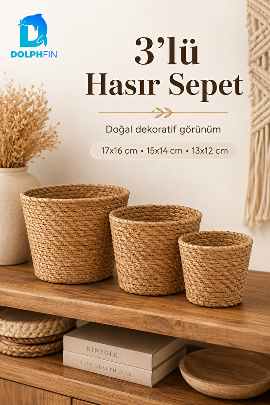 3’lü Hasır Sepet Seti Dekoratif Düzenleyici Banyo ve Ev Organizeri
