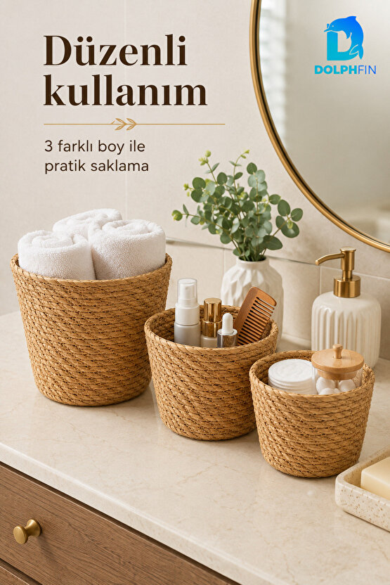 3’lü Hasır Sepet Seti Dekoratif Düzenleyici Banyo ve Ev Organizeri