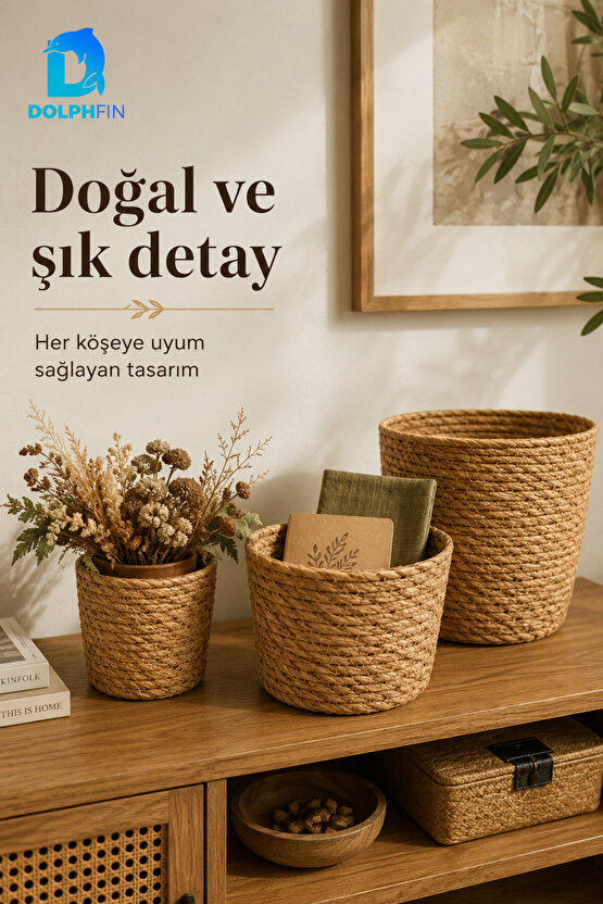 3’lü Hasır Sepet Seti Dekoratif Düzenleyici Banyo ve Ev Organizeri