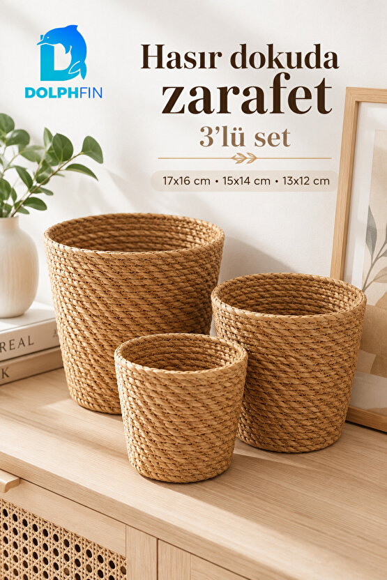 3’lü Hasır Sepet Seti Dekoratif Düzenleyici Banyo ve Ev Organizeri