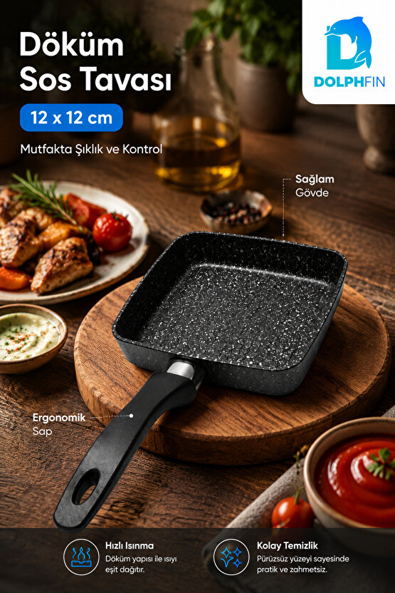 12x12 cm Kare Döküm Sos Tavası Mini Tava Ergonomik Saplı Siyah