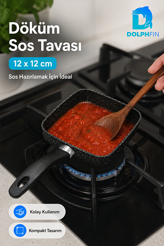12x12 cm Kare Döküm Sos Tavası Mini Tava Ergonomik Saplı Siyah