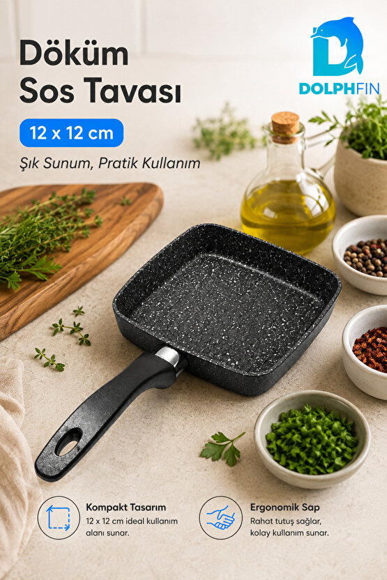 12x12 cm Kare Döküm Sos Tavası Mini Tava Ergonomik Saplı Siyah