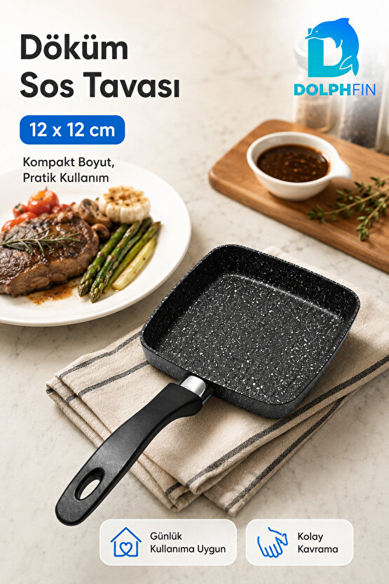 12x12 cm Kare Döküm Sos Tavası Mini Tava Ergonomik Saplı Siyah