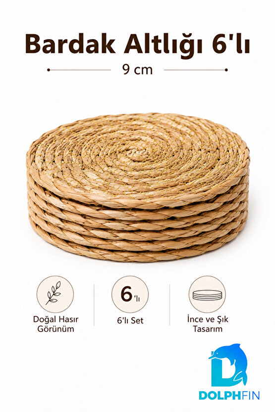Hasır Görünümlü Bardak Altlığı 6’lı Set 9 cm Yuvarlak Dekoratif Supla