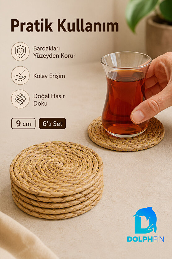 Hasır Görünümlü Bardak Altlığı 6’lı Set 9 cm Yuvarlak Dekoratif Supla
