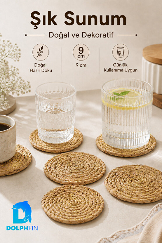 Hasır Görünümlü Bardak Altlığı 6’lı Set 9 cm Yuvarlak Dekoratif Supla