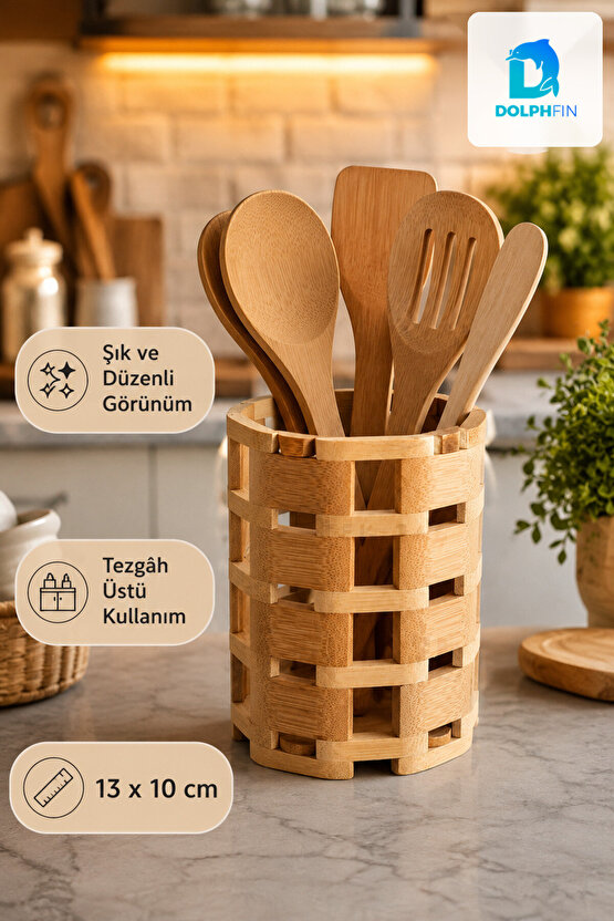 Bambu Kaşıklık 13 x 10 cm Örgü Tasarımlı Mutfak Gereçleri Düzenleyici