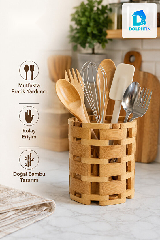 Bambu Kaşıklık 13 x 10 cm Örgü Tasarımlı Mutfak Gereçleri Düzenleyici