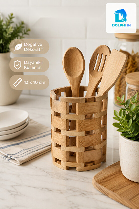 Bambu Kaşıklık 13 x 10 cm Örgü Tasarımlı Mutfak Gereçleri Düzenleyici