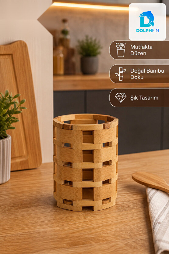 Bambu Kaşıklık 13 x 10 cm Örgü Tasarımlı Mutfak Gereçleri Düzenleyici