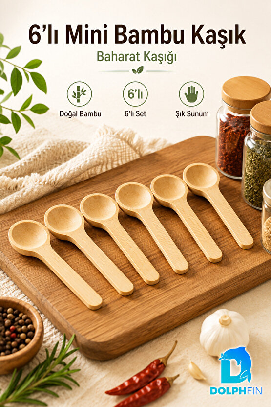 6’lı Mini Bambu Baharat Kaşığı Seti Doğal Ahşap Sunum Kaşığı