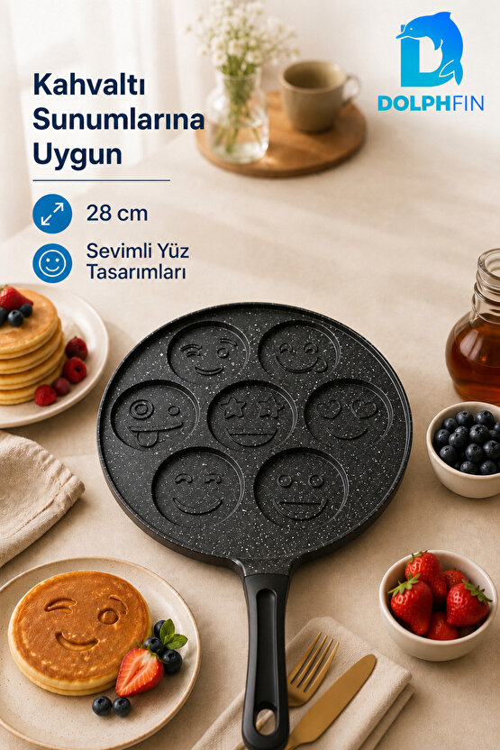 28 cm 7 Bölmeli Emoji Desenli Yapışmaz Krep ve Pankek Tavası