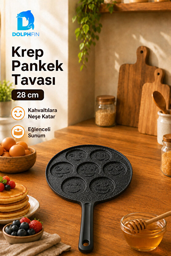 28 cm 7 Bölmeli Emoji Desenli Yapışmaz Krep ve Pankek Tavası