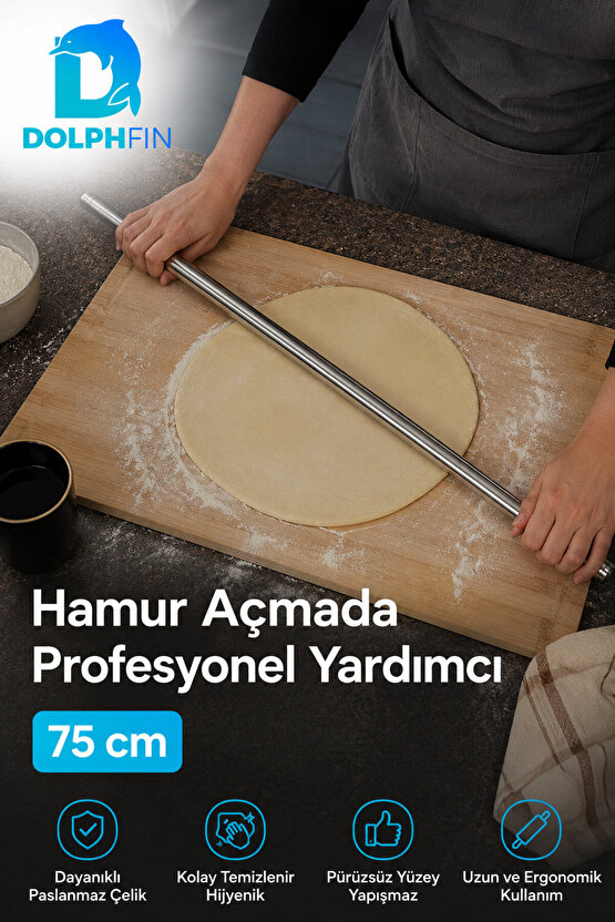 75 cm Paslanmaz Çelik Oklava Profesyonel Hamur Açma Merdanesi