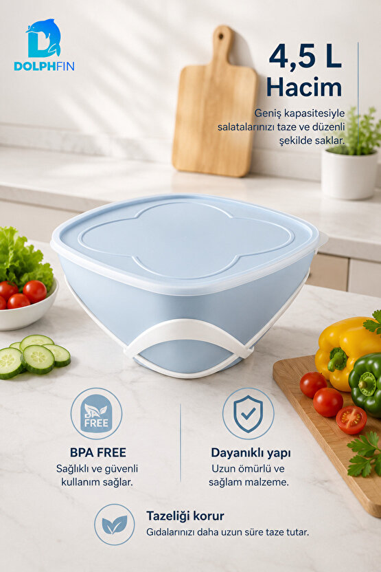 4,5 L Kapaklı Salata Saklama Kabı BPA Free Taşıma Saplı Mavi