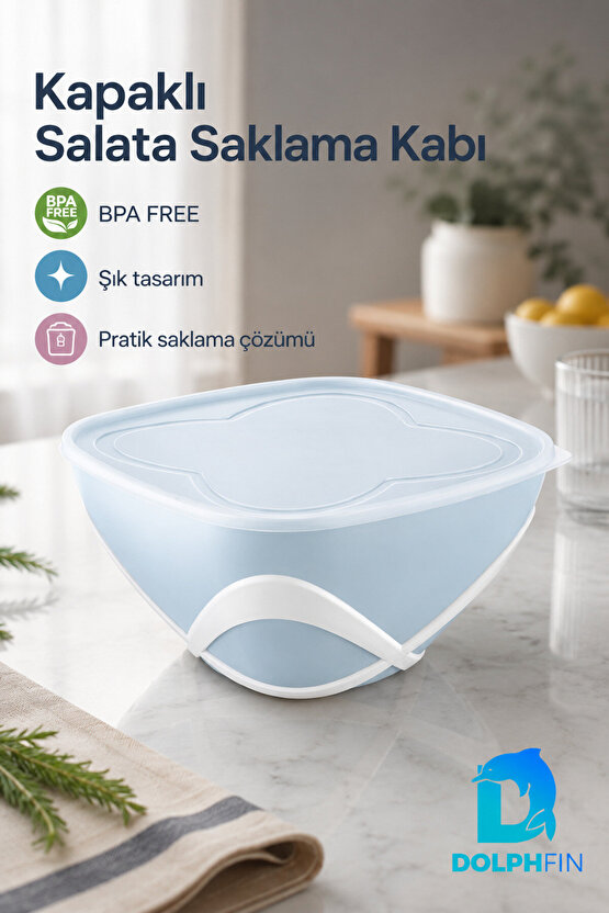 4,5 L Kapaklı Salata Saklama Kabı BPA Free Taşıma Saplı Mavi