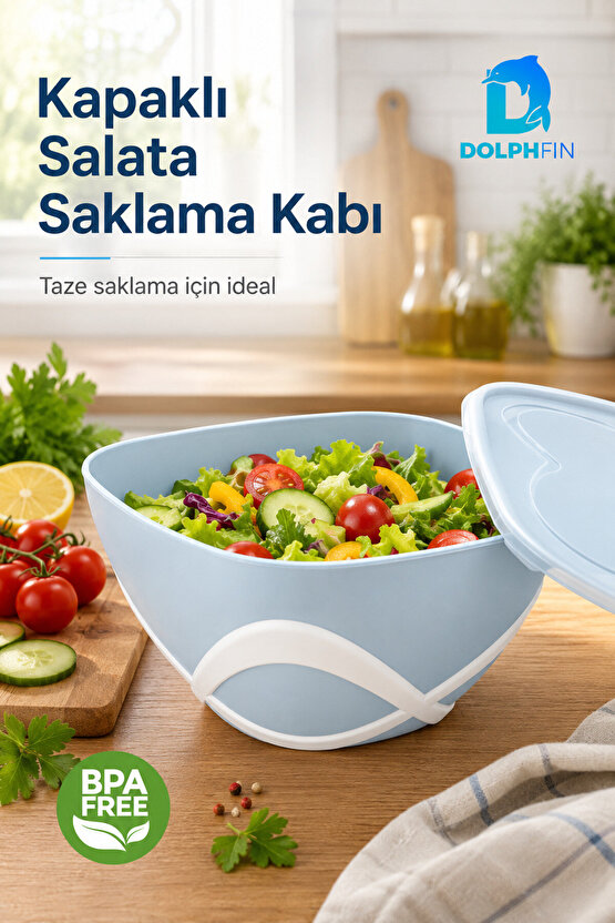 4,5 L Kapaklı Salata Saklama Kabı BPA Free Taşıma Saplı Mavi