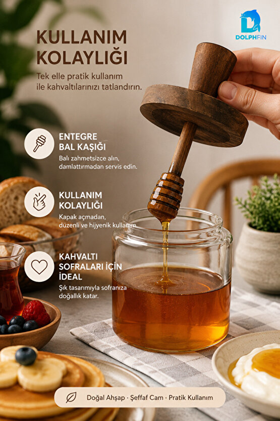 Ahşap Kapaklı Cam Bal Kavanozu ve Entegre Bal Kaşığı 10 cm
