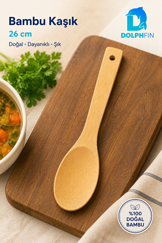 Bambu Yemek ve Servis Kaşığı 26 cm Doğal Uzun Saplı Karıştırma Kaşığı