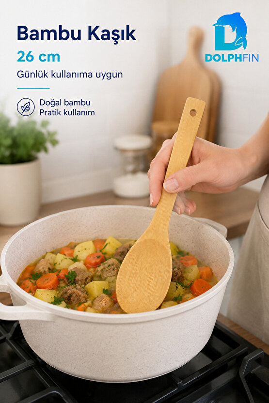 Bambu Yemek ve Servis Kaşığı 26 cm Doğal Uzun Saplı Karıştırma Kaşığı