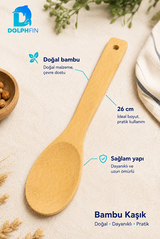 Bambu Yemek ve Servis Kaşığı 26 cm Doğal Uzun Saplı Karıştırma Kaşığı