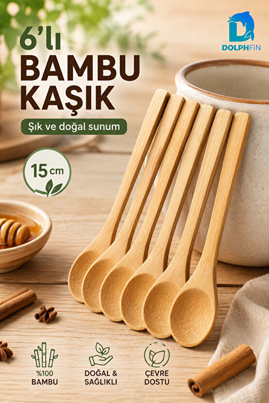 6’lı Bambu Kaşık Seti 15 cm Doğal Ahşap Baharat ve Sunum Kaşığı