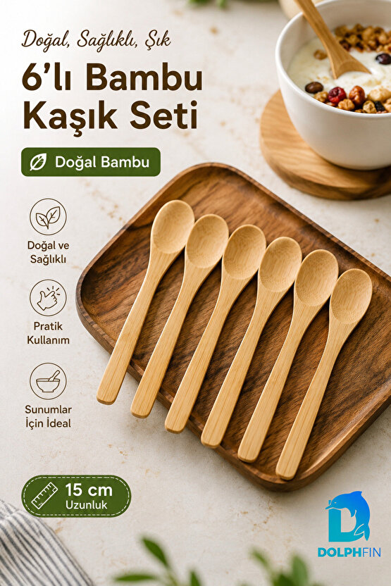 6’lı Bambu Kaşık Seti 15 cm Doğal Ahşap Baharat ve Sunum Kaşığı