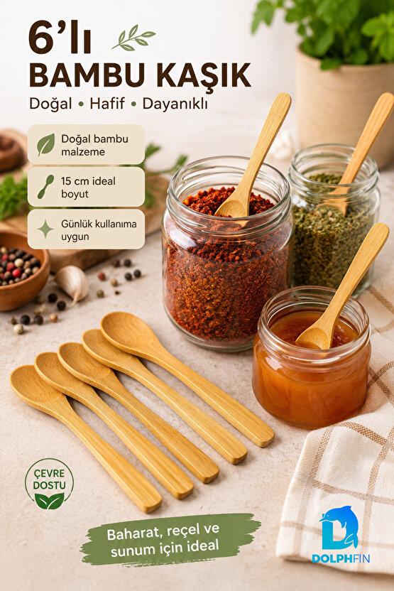 6’lı Bambu Kaşık Seti 15 cm Doğal Ahşap Baharat ve Sunum Kaşığı