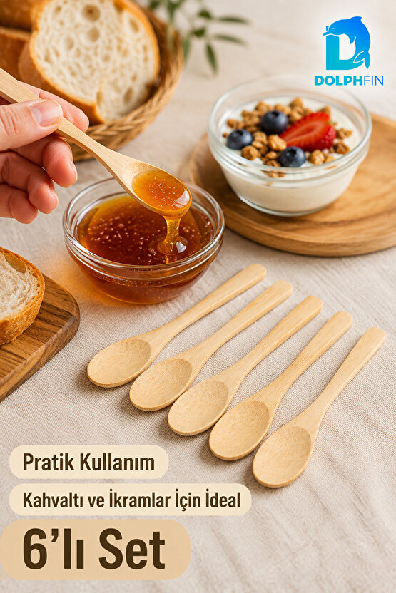 6’lı Bambu Kaşık Seti 13 cm Doğal Baharat Reçel Bal ve Sunum Kaşığı
