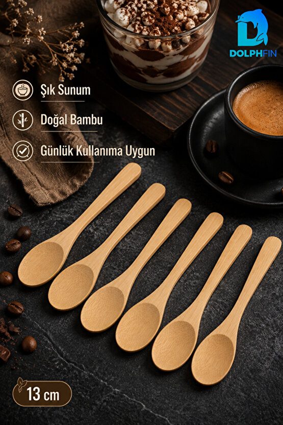 6’lı Bambu Kaşık Seti 13 cm Doğal Baharat Reçel Bal ve Sunum Kaşığı