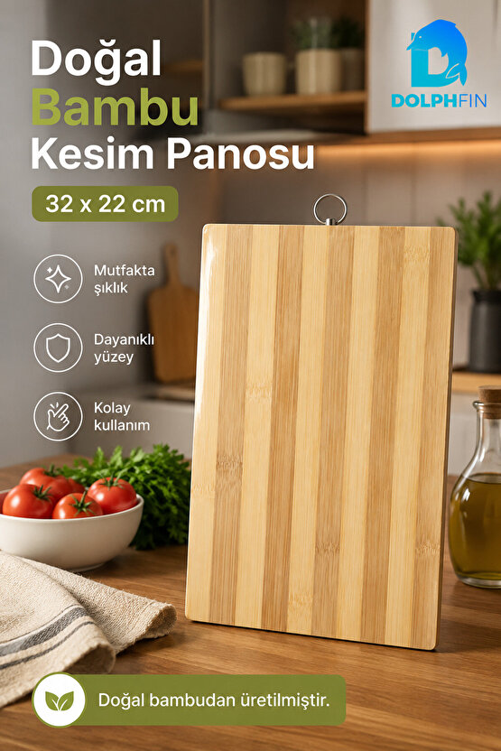 Bambu Kesim Panosu 32x22 cm Metal Halkalı Kesme ve Sunum Tahtası