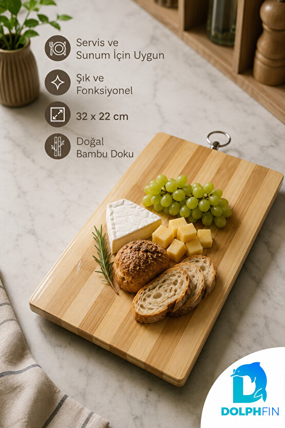 Bambu Kesim Panosu 32x22 cm Metal Halkalı Kesme ve Sunum Tahtası