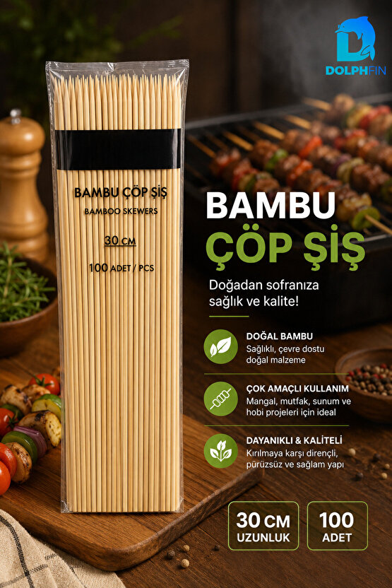 Bambu Çöp Şiş 30 cm 100 Adet – Mangal ve Sunum Şişi