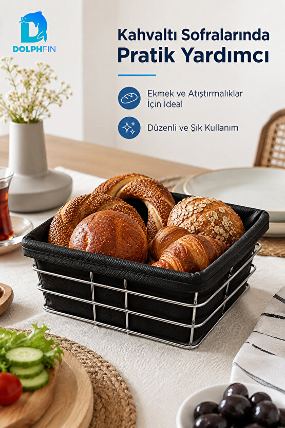 Çok Amaçlı Metal Ekmek Sepeti Kumaş İç Kaplamalı Kare 21x21 cm Siyah