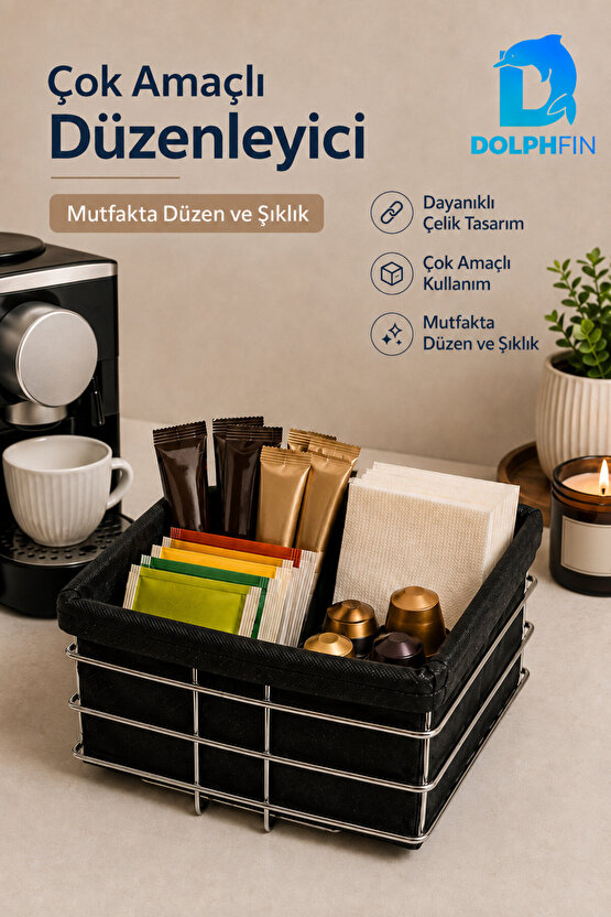 Çok Amaçlı Metal Ekmek Sepeti Kumaş İç Kaplamalı Kare 21x21 cm Siyah