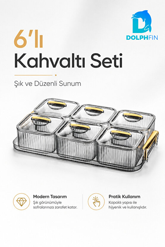6’lı Kapaklı Kahvaltılık Seti Şeffaf Gold Kulplu Sunum Tepsili