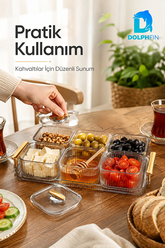6’lı Kapaklı Kahvaltılık Seti Şeffaf Gold Kulplu Sunum Tepsili