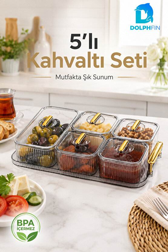 5’li Kapaklı Kahvaltılık Seti Şeffaf Gold Kulplu Sunum Tepsili BPA İçermez