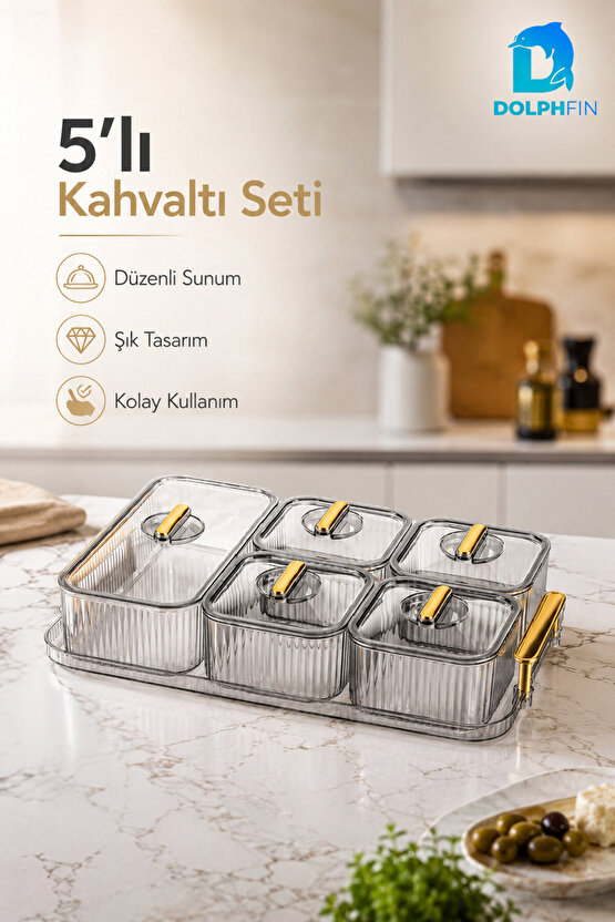 5’li Kapaklı Kahvaltılık Seti Şeffaf Gold Kulplu Sunum Tepsili BPA İçermez