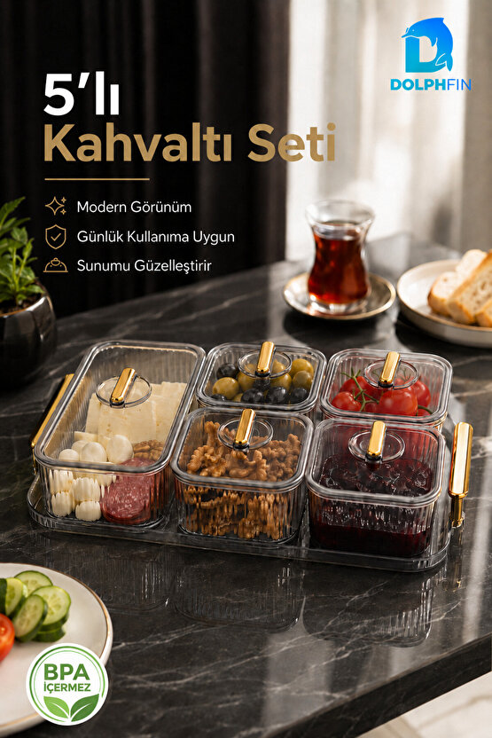5’li Kapaklı Kahvaltılık Seti Şeffaf Gold Kulplu Sunum Tepsili BPA İçermez