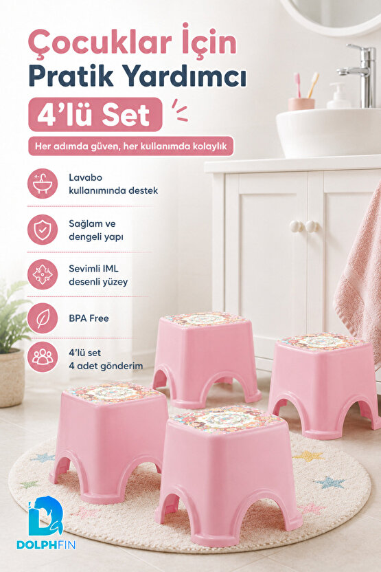 IML Desenli Pembe Mini Çocuk Taburesi 4’lü Set BPA Free