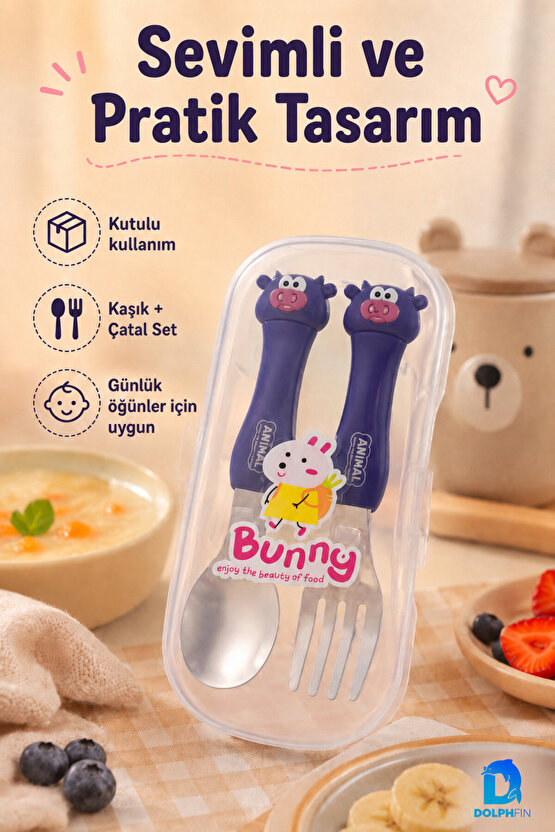 Kutulu Çocuk Mama Kaşık Çatal Seti Hayvan Figürlü 2 Parça