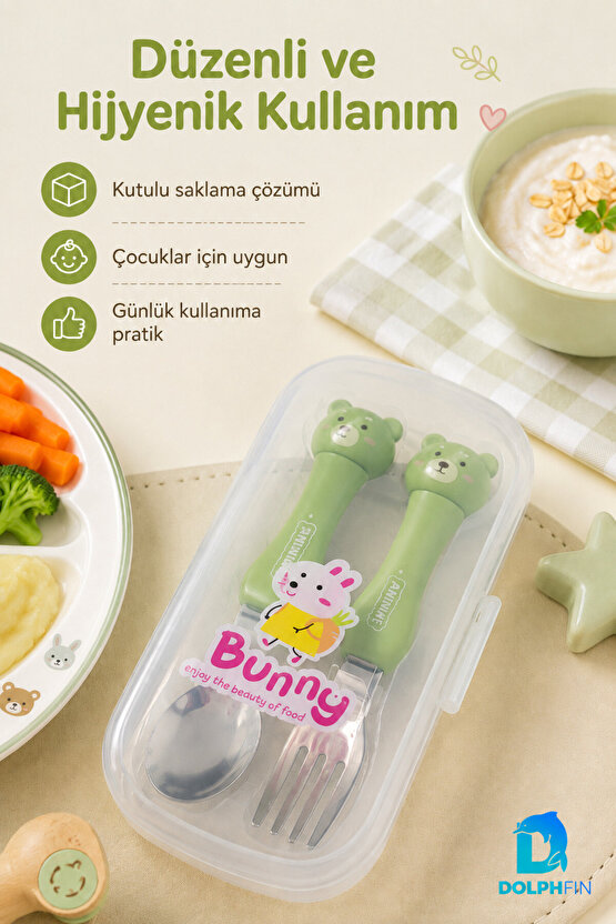 Kutulu Çocuk Mama Kaşık Çatal Seti Hayvan Figürlü 2 Parça