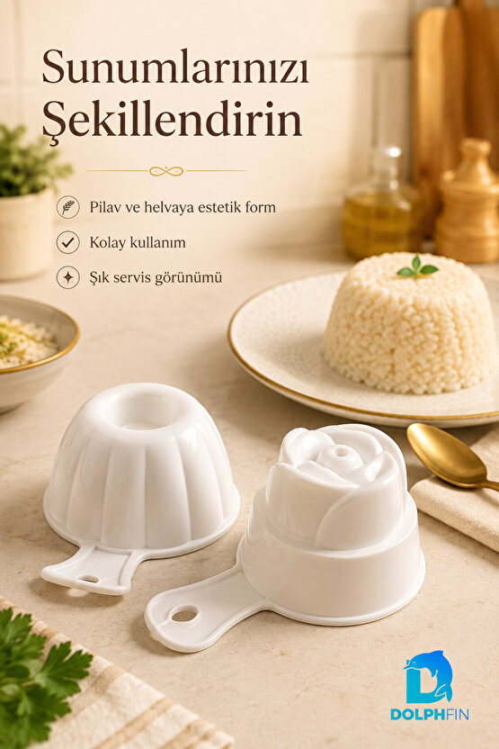 2’li Pilav ve Helva Kalıbı Seti Yuvarlak ve Çiçek Desenli Beyaz