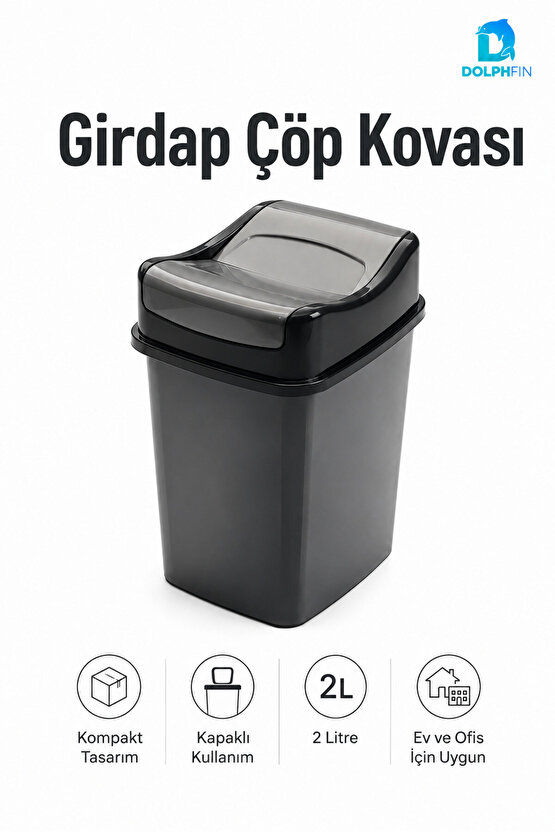 Girdap Kapaklı Çöp Kovası 2 Litre Siyah Kompakt Masaüstü Banyo Ofis Çöp Kutusu